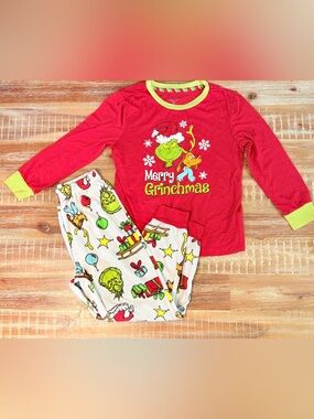 (3/$15) Dr. Seuss Grinch Pajamas Pant Shirt Set Christmas M(8)